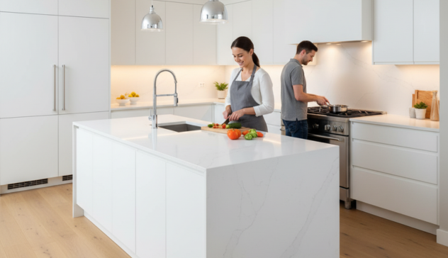 This image highlights how Express Kitchens designs multi-user spaces with dual prep zones and Shaker cabinetry for seamless collaboration and efficient cooking.