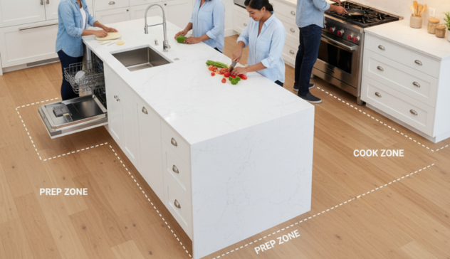Top-down view of an Express Kitchens layout showing clear prep, cook, and clean zones, with pullout pantry shelves, dual sinks, and island seating for collaborative use.
