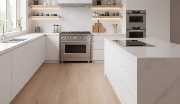 A modern kitchen featuring two cooking areas one with a range, another with an induction cooktop. Express Kitchens’ custom cabinetry and open shelving keep tools accessible while maintaining a minimalist look.