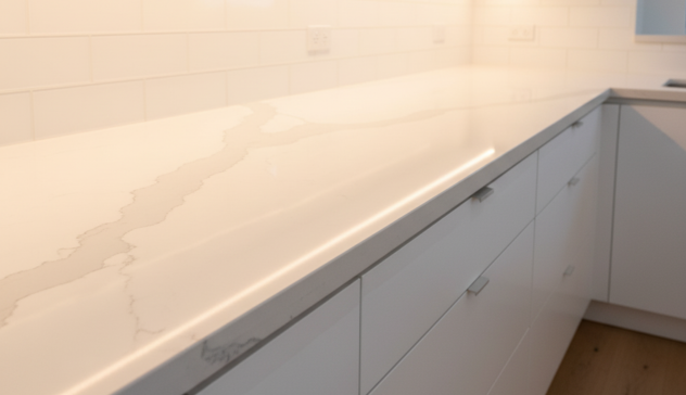 Close-up of Express Kitchens quartz, granite, and butcher block countertops under bright lighting. The surfaces contrast beautifully against white Shaker cabinets and under-cabinet LED lighting.