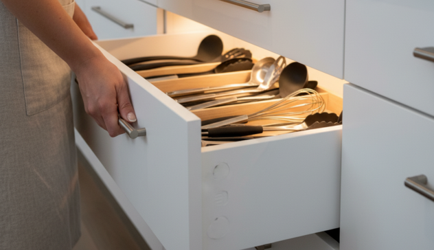 A side view of a cook opening a soft-close drawer beneath a quartz countertop, revealing organized utensils. Brushed nickel hardware complements Express Kitchens’ Shaker cabinets.
