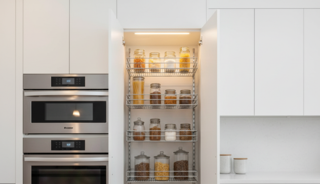 Tall pullout pantry unit featuring adjustable shelves filled with neatly arranged dry goods, installed beside stainless steel appliances and white Shaker cabinets.