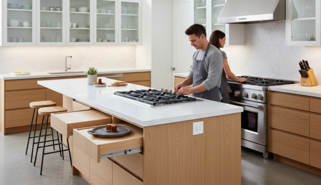 An open-concept kitchen with two distinct cooking stations — one gas cooktop on the island and one induction range along the wall. Glass-front cabinets define separate zones, while pullout cutting boards and countertop extensions support parallel cooking tasks.
