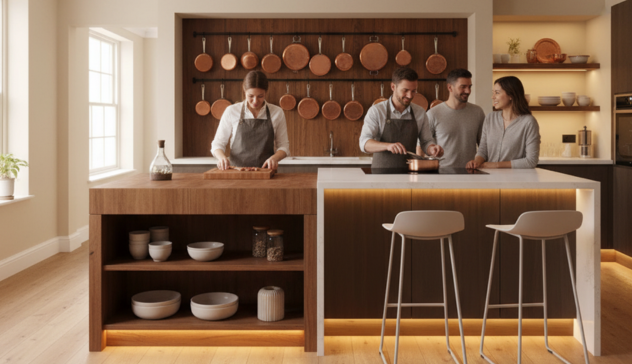 A warm, inviting Express Kitchens design featuring a central island with integrated storage, multiple counter heights, and wall-mounted pot racks. Two people cook side by side while others socialize at the island seating. Underfloor lighting subtly enhances the workspace.