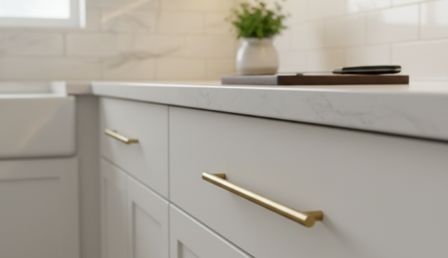 A detailed display of quartz, granite, concrete, and butcher block countertops arranged side by side, highlighting texture and durability. The scene includes white Shaker cabinets, soft LED underlighting, and modern brass hardware to convey timeless elegance.