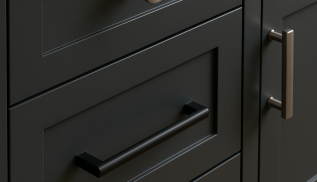 A modern kitchen showcasing stainless steel knobs, matte black pulls, antimicrobial-coated hardware, and eco-friendly materials &mdash; all styled in a clean, minimalist layout.