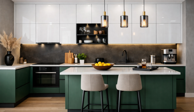 Modern modular kitchen design combining matte base cabinets and glossy upper cabinets, reflecting 2026 kitchen trends.