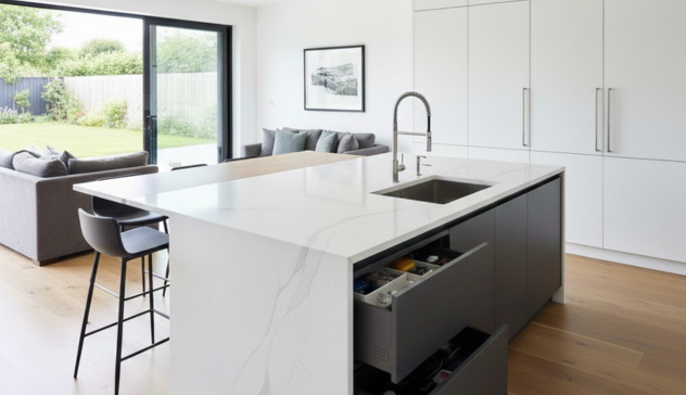 Island with quartz top, storage, seating, and efficient prep space.