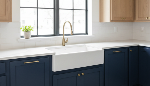Apron-front sink paired with quartz or granite and Shaker cabinets.