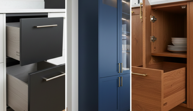 Two-tone cabinets, plywood interiors, dovetail joints, and soft-close hardware.