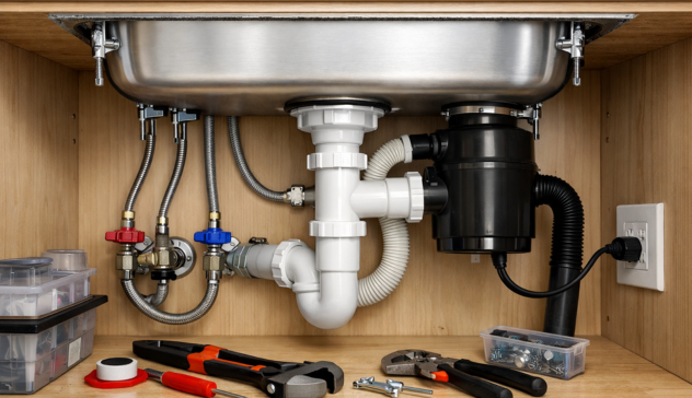 Kitchen sink installation showing mounting brackets, strainers, and secure plumbing fixtures.