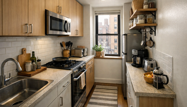 Small Kitchen Layout Constraints and Space Limitations A narrow kitchen layout with fixed walls, appliances placed close together, and limited movement space.