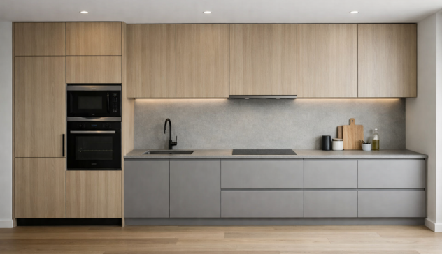 Running Kitchen Design for Small Apartments A single-wall kitchen with all appliances and cabinets aligned neatly for a streamlined, open look.