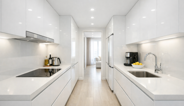 Galley Kitchen Design for Narrow Spaces A narrow galley kitchen with parallel counters, light colors, handle-less cabinets, and bright lighting.