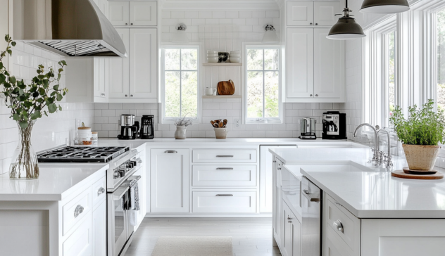 Transitional Kitchen Design Transitional kitchen with white shaker cabinets, quartz countertops, and stainless-steel appliances.