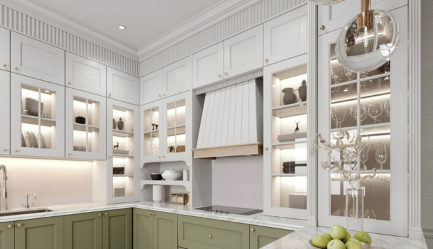 Glass-front Cabinets Glass-front cabinets with interior lighting.