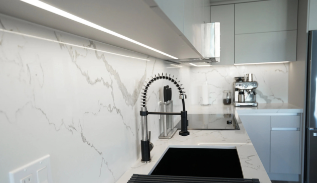 Undercabinet LED Lighting Undercabinet LED lighting illuminating quartz or tile backsplash.