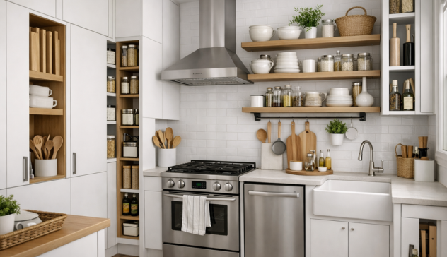 Modern White Kitchen with Open Shelves A stylish white kitchen featuring open wooden shelving, neatly organized storage, and stainless steel appliances, blending warmth and functionality in a modern layout.