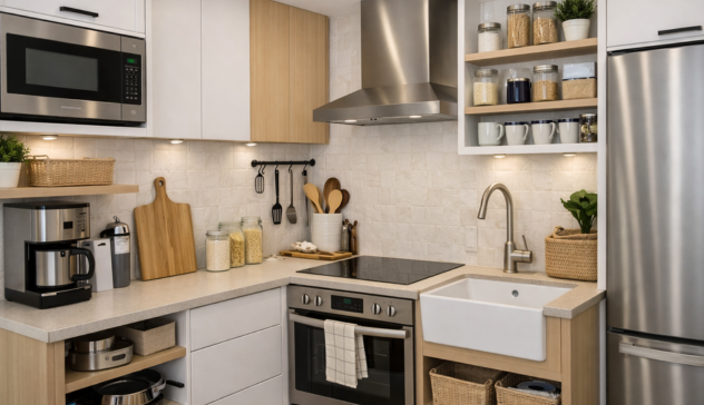 Modern White & Wood Kitchen with Open Shelving A clean, modern kitchen with white cabinets, warm wood accents, open shelving, and stainless steel appliances, designed for a bright, functional, and cozy cooking space.