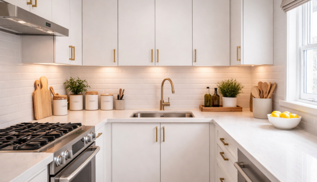 Bright White Kitchen with Gold Hardware and Clean Lines A sleek white kitchen with seamless cabinetry, gold handles, soft under-cabinet lighting, and a clean, well-organized countertop designed for modern everyday living.