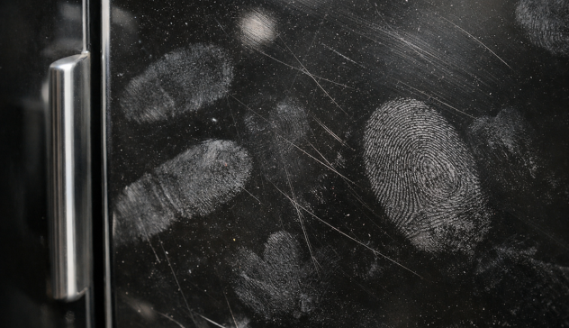 Visible scratches and fingerprints on glossy acrylic kitchen cabinets