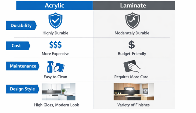 Side by side comparison of acrylic and laminate kitchen cabinet finishes