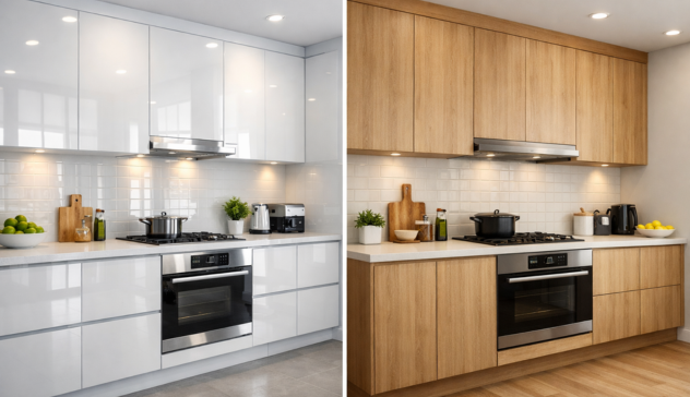 Modern kitchen showing glossy acrylic cabinets versus matte laminate cabinets side by side
