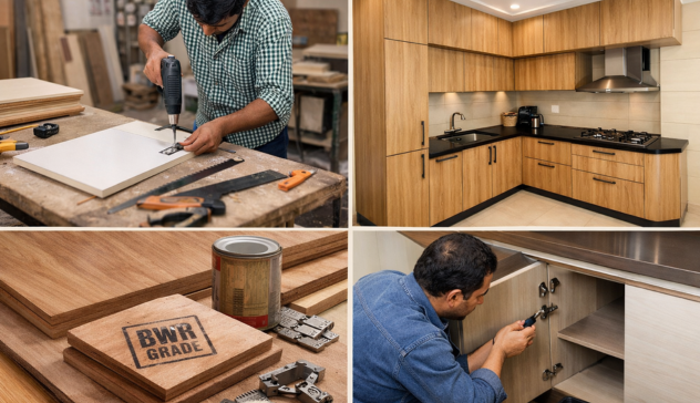 Custom carpenter-made kitchen with tailored cabinets and plywood construction highlighting benefits like cost savings, custom fit, material control, and easy repairs