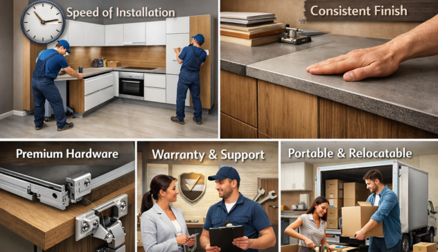Modern modular kitchen with sleek cabinets and drawers highlighting benefits like fast installation, uniform finish, quality hardware.