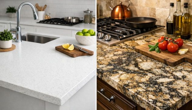 homeowner choosing between quartz and granite countertops kitchen renovation