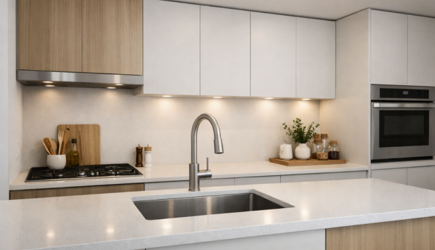 Modern modular kitchen featuring an undermount sink with clean countertops and clutter-free workspace.