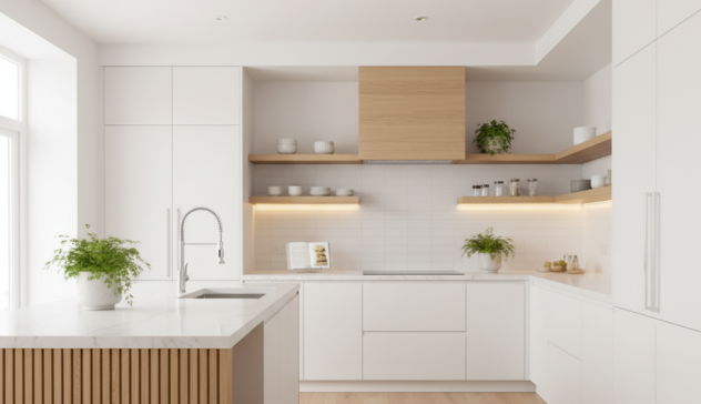 A bright kitchen with white shaker cabinets, light quartz countertops, and natural wood accents for warmth.