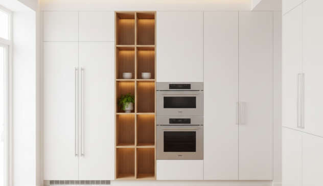 A minimalist kitchen wall showcasing tall cabinetry, hidden appliances, and vertical storage shelves.