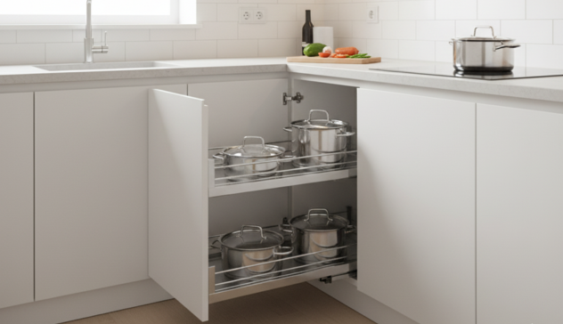 A small kitchen showcasing corner pull-out units, properly zoned workspace, and efficient layout planning.