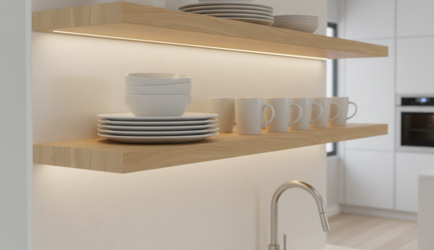 Floating wood shelves above a quartz backsplash with neatly curated dishware.