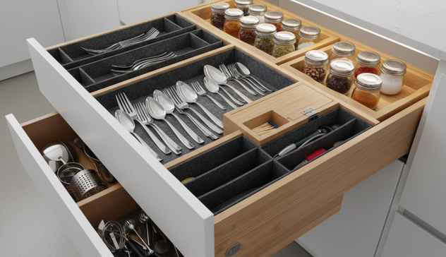 Organized modular drawer inserts, storage trays, and hidden compartments.