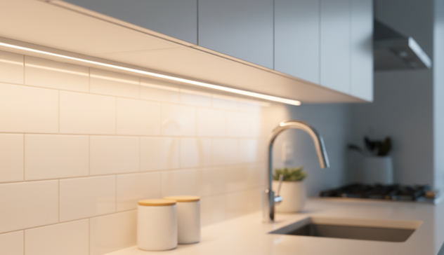 Soft LED strip lighting illuminating work surfaces under upper cabinets.