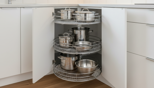 Rotating corner cabinet organizer fully extended for easy access.