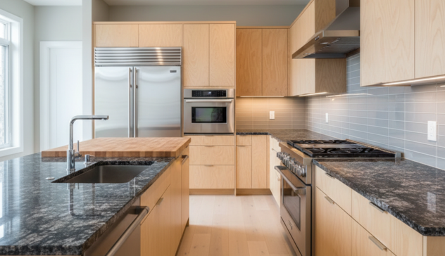 A contemporary kitchen with black and gray granite countertops, light wood (plywood-style) cabinets, and a warm butcher block section near the prep area. The scene should feel like a high-traffic kitchen, with clean lines, subtle lighting, and a clear contrast between stone, wood, and laminate surfaces.