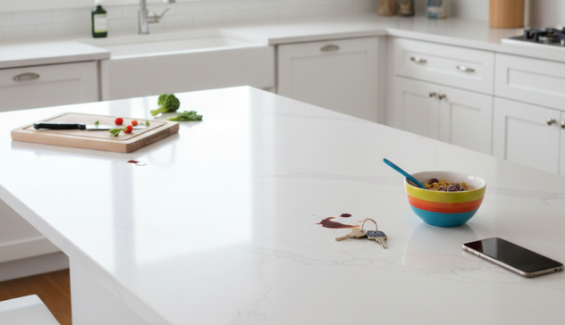 A bright quartz countertop with subtle veining, styled with everyday kitchen items to suggest heavy daily use. The surface appears seamless, non-porous, and scratch-free, paired with simple shaker cabinets and modern fixtures to emphasize low maintenance and durability.