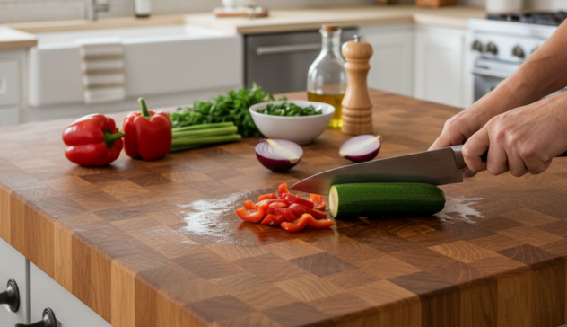 A kitchen island with a thick butcher block top in maple or oak, actively used for chopping vegetables and prepping food. The wood grain, small knife marks, and oiled finish highlight the natural, self-healing character and warmth of butcher block in a busy family kitchen.