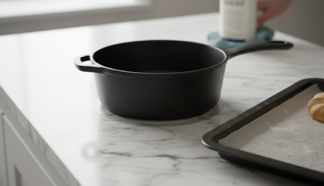 A close-up of a marble kitchen counter with classic veining, styled with a saucepan or baking tray to imply frequent use. Soft light shows slight patina and hairline marks, conveying both the beauty and maintenance needs of marble in high-activity kitchens.