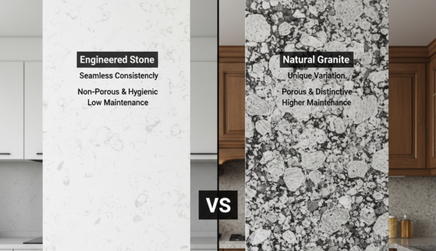 A design board or kitchen scene showing engineered stone countertops with uniform pattern next to more varied granite surfaces. Labels or visual cues suggest differences in texture, consistency, and hygiene, illustrating why engineered stone fits heavy-use, low-maintenance kitchens.