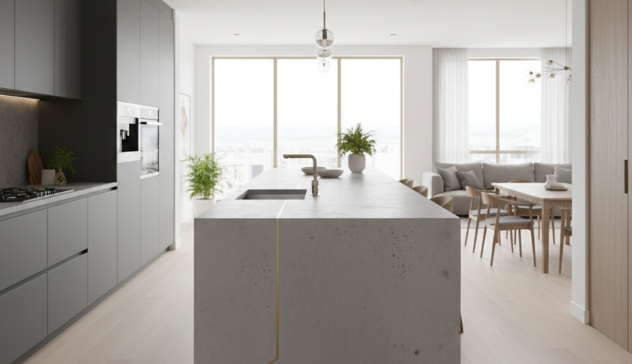 An open kitchen with a smooth concrete island, slightly textured, in a matte or satin finish. Embedded aggregate or subtle decorative inlays add character. The overall scene feels modern and robust, highlighting concrete’s durability and contemporary appeal.