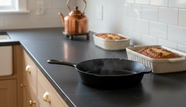 A kitchen with deep charcoal soapstone counters, styled with a hot cast-iron pan, tea kettle, or baking dish. Soft light reveals a gentle patina and minimal surface wear, communicating heat resistance, scratch tolerance, and timeless character.