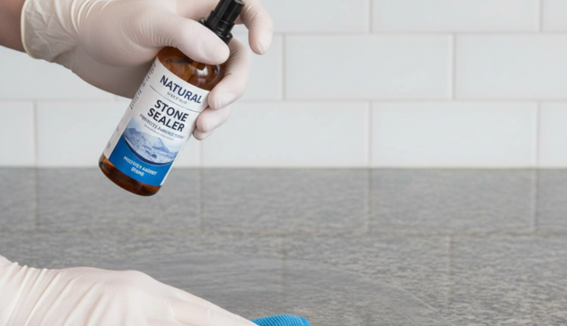 Hands in gloves using a microfiber cloth to apply sealer to a polished granite surface. A small bottle of stone sealer and a clean, streak-free area highlight proper maintenance, hygiene, and protection against stains and moisture.