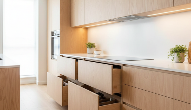 A contemporary kitchen with light plywood cabinets, smooth edges, and smart storage (deep drawers, hidden compartments). The grain pattern and layered edges of plywood are subtly visible, emphasizing durability, anti-warping performance, and modern design.