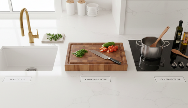 A bright, organized kitchen work zone with a non-porous quartz or solid-surface countertop, chopping boards, fresh ingredients, and neatly arranged tools. The scene highlights hygiene, easy cleaning, and a layout designed for smooth workflow and daily cooking efficiency.