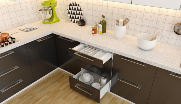 A clean, modern kitchen layout showcasing modular base cabinets with open drawers, visible cutlery organizers, pullout pantries, and a spacious countertop made of granite or quartz. Include a central island with seating to highlight functionality and social interaction.