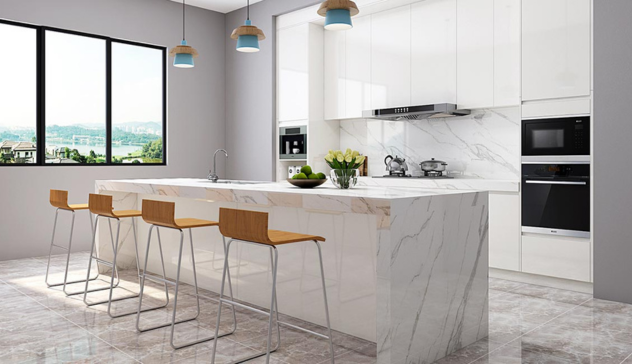 A close-up image showing granite and quartz surfaces side by side, emphasizing their texture, sheen, and natural veining. Include a cutting board or hot pan on the countertop to imply durability and heat resistance.